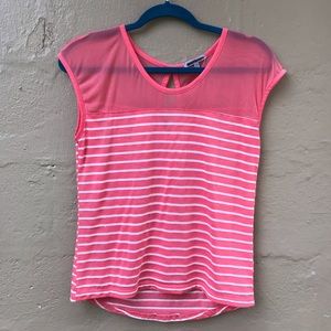 Coral and white striped shirt with sheer top